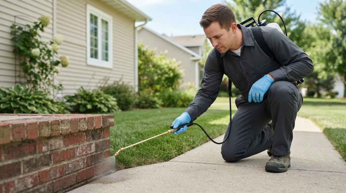 Pest control technician treating a home near New Holland, IL