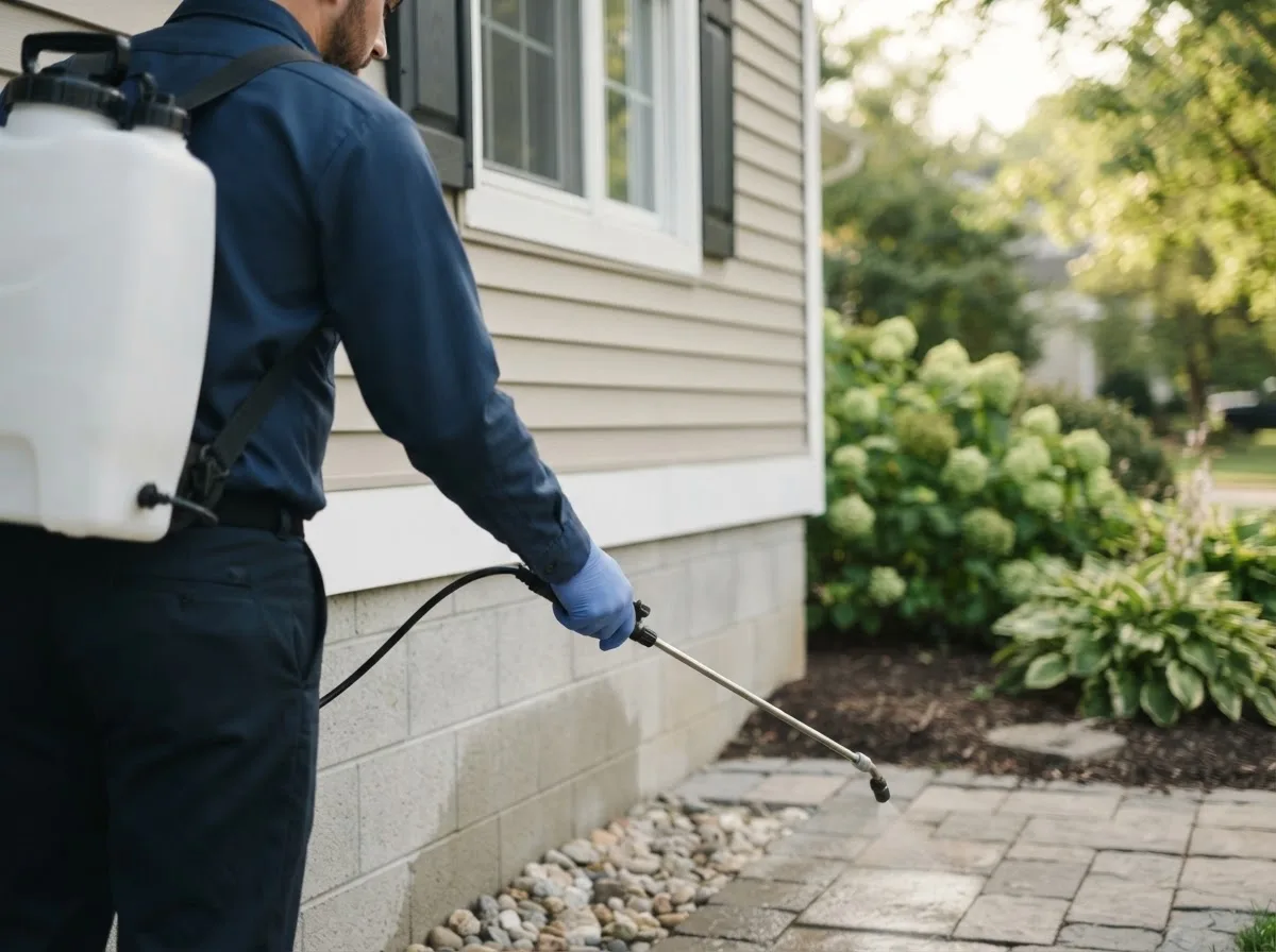 Pest control technician inspecting a home in New Holland, IL